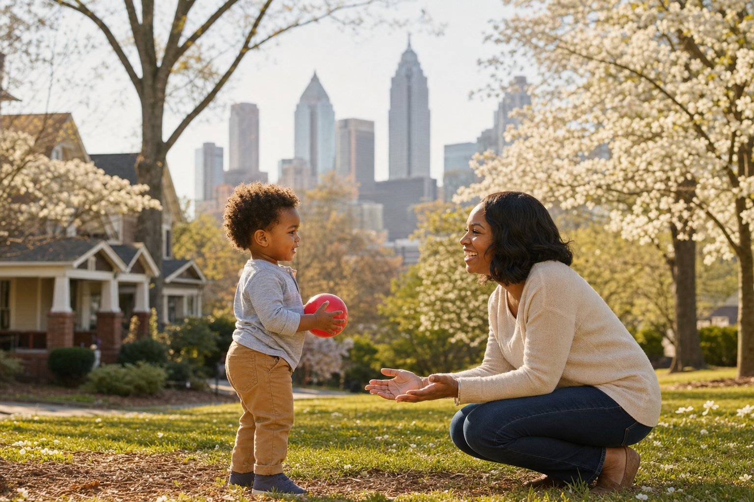 Mother and toddler playing in an Atlanta neighborhood park with the city skyline in the background