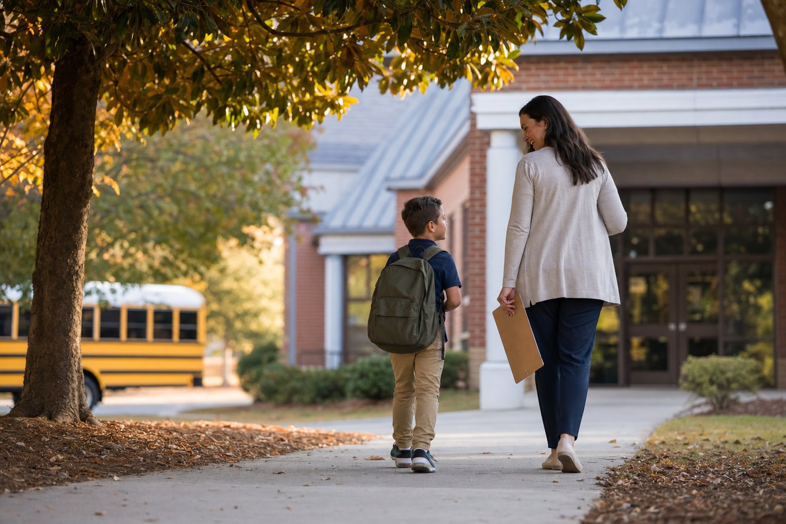 Therapist walking with a young child carrying a backpack toward a Gwinnett County school building on a bright fall morning