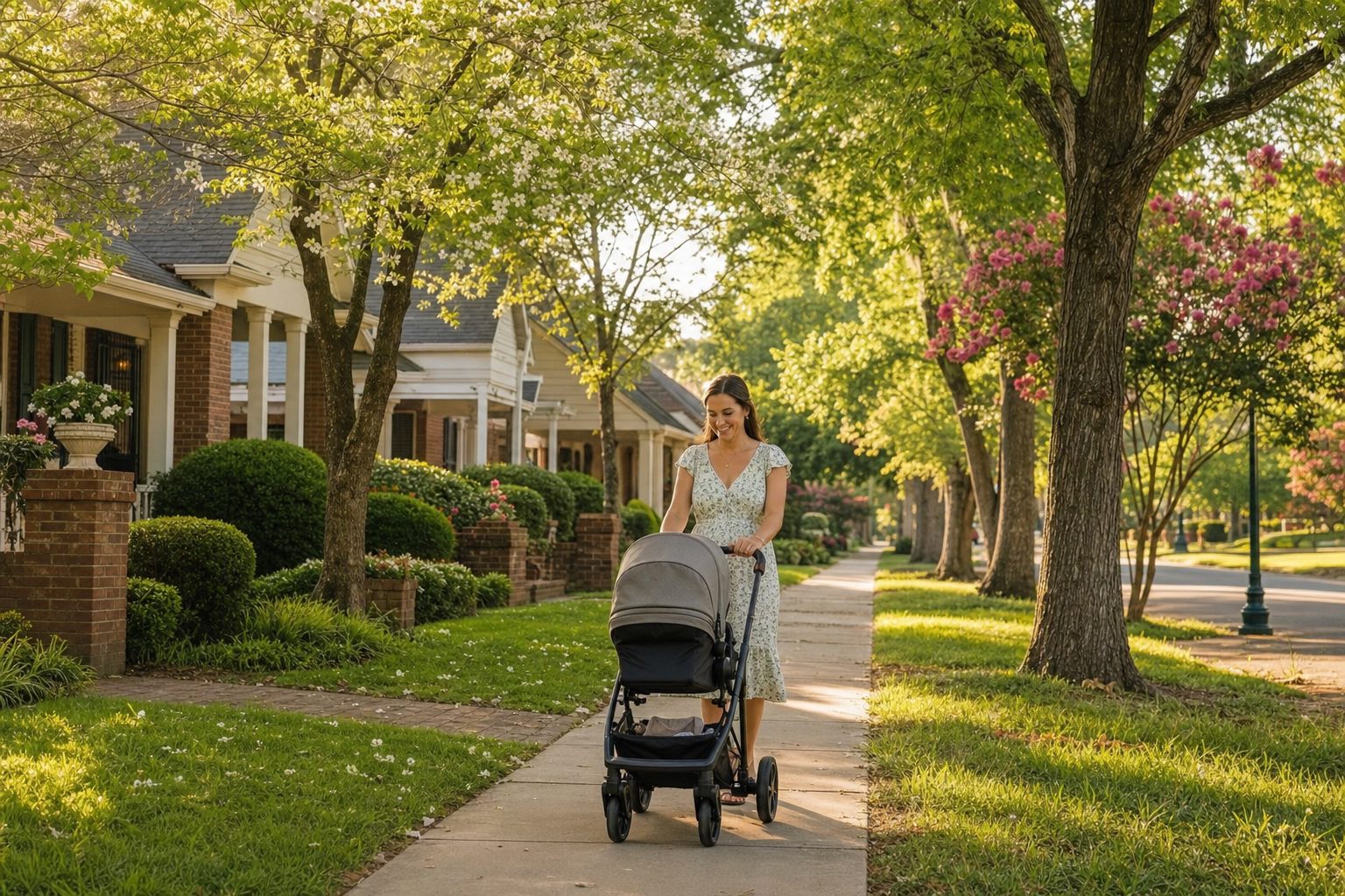 A young mother walking with a stroller down a peaceful tree-lined suburban sidewalk in Henry County, warm morning light