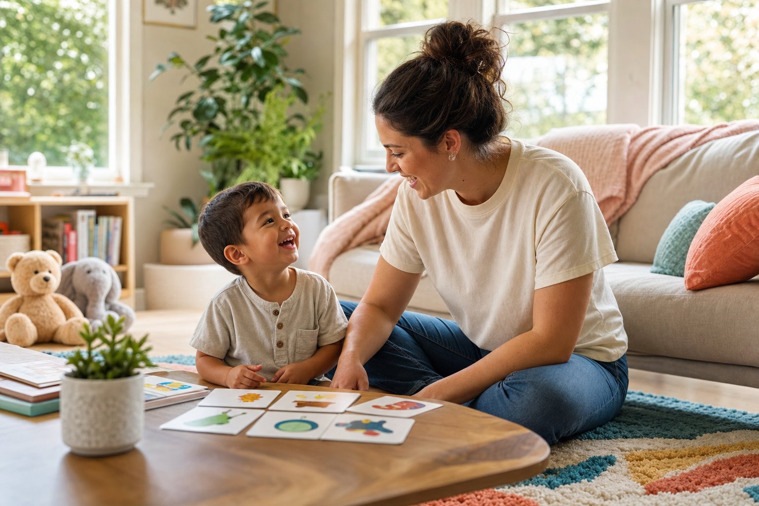 ABA therapist and toddler smiling together with learning cards in a warm Lilburn Georgia living room