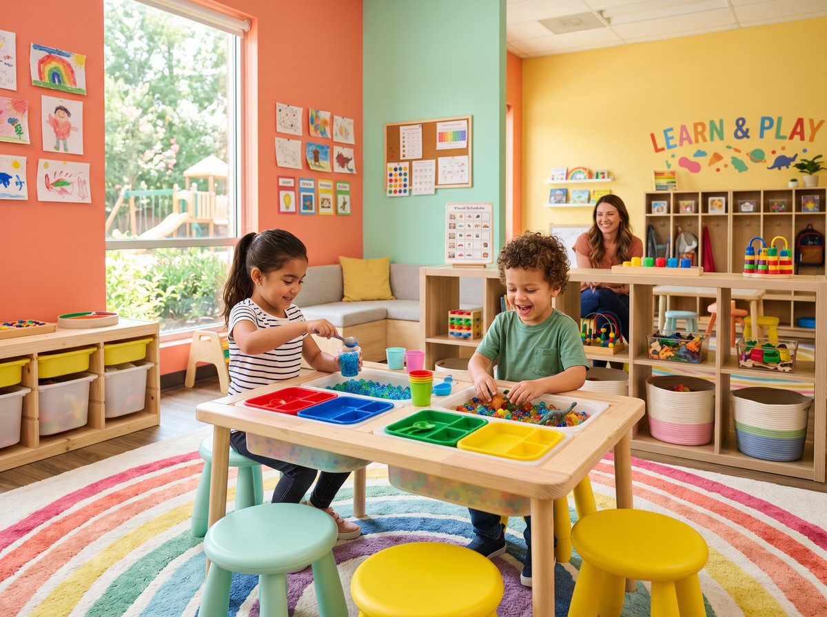 Two children playing at a colorful sensory table in a bright, cheerful ABA therapy center