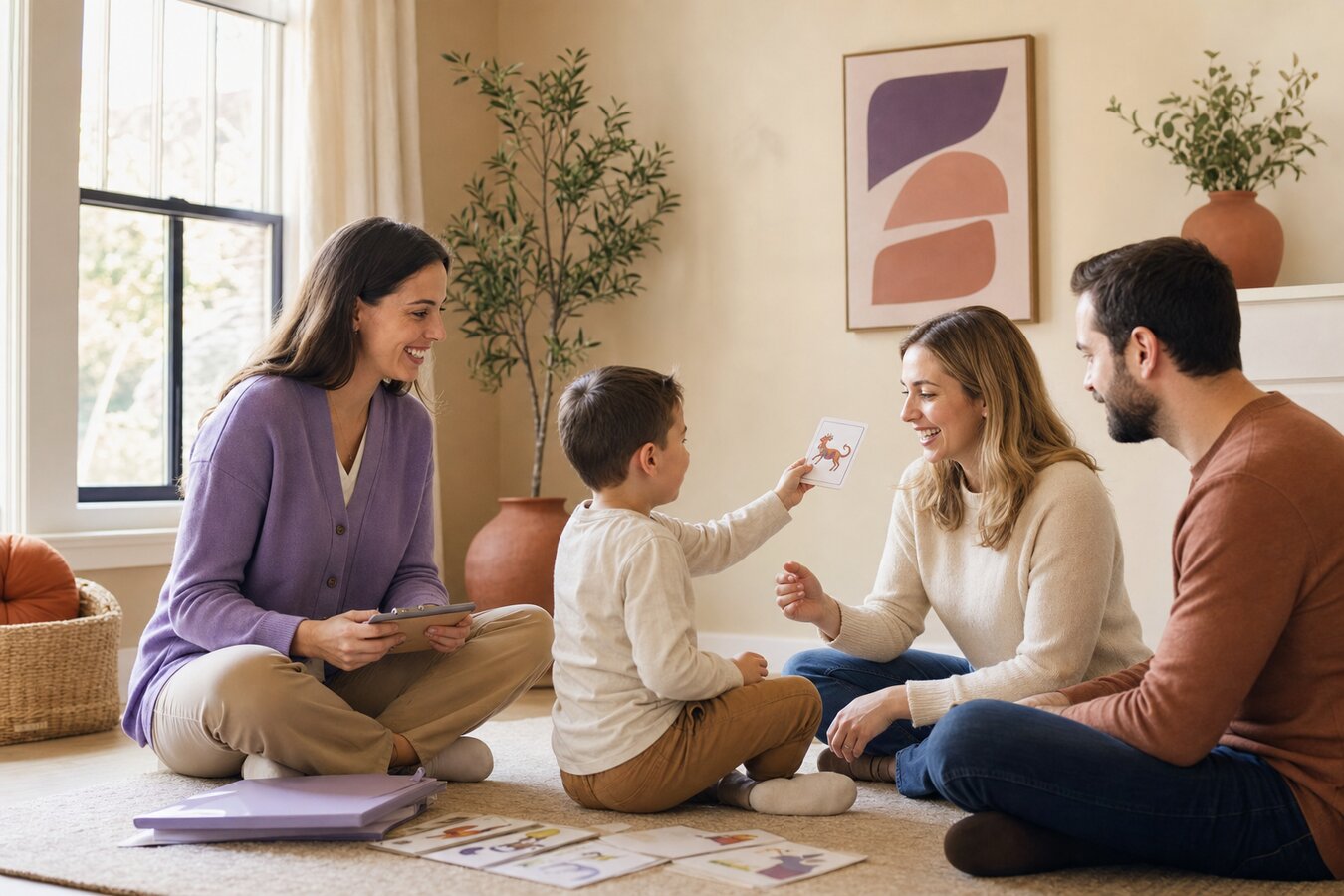 A Georgia family playing on the floor with their young child and a BCBA therapist in a warm home with cream and lavender tones