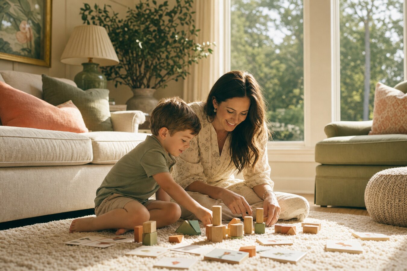 A young Alpharetta mother and her preschool-age son working with wooden learning blocks and picture cards on a warm cream rug at home