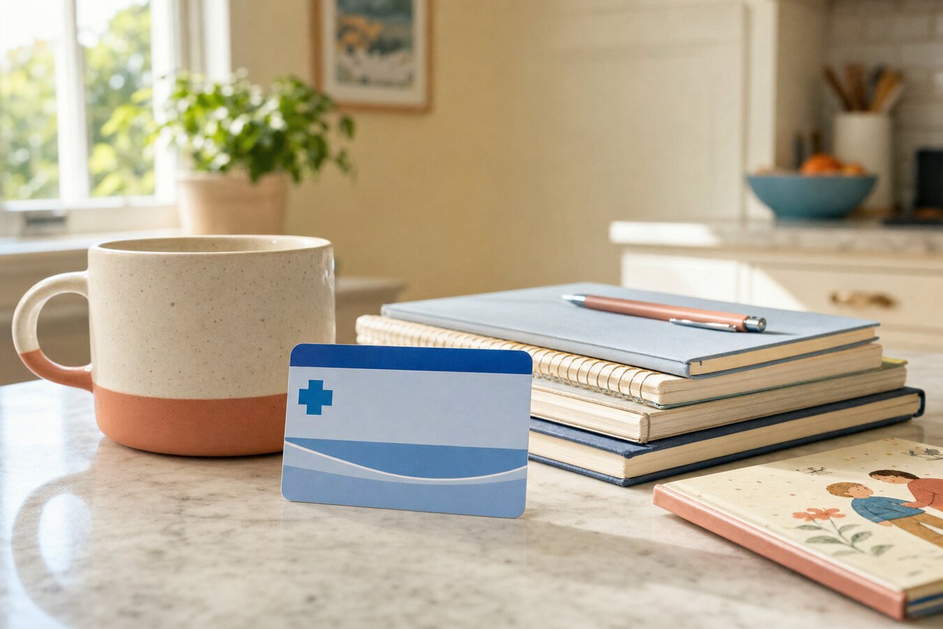 An Anthem-style blue medical insurance card and family notebooks arranged on a bright kitchen counter in a Georgia home