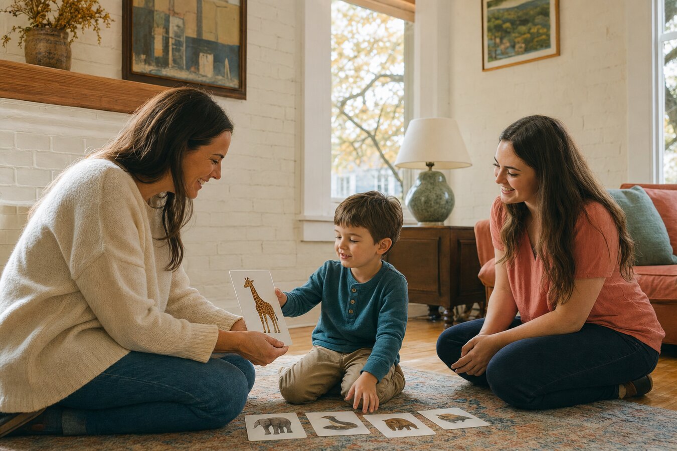 A mother and young son playing with animal picture flashcards on the floor of a bright historic Athens Georgia home while a young female BCBA therapist observes with a smile