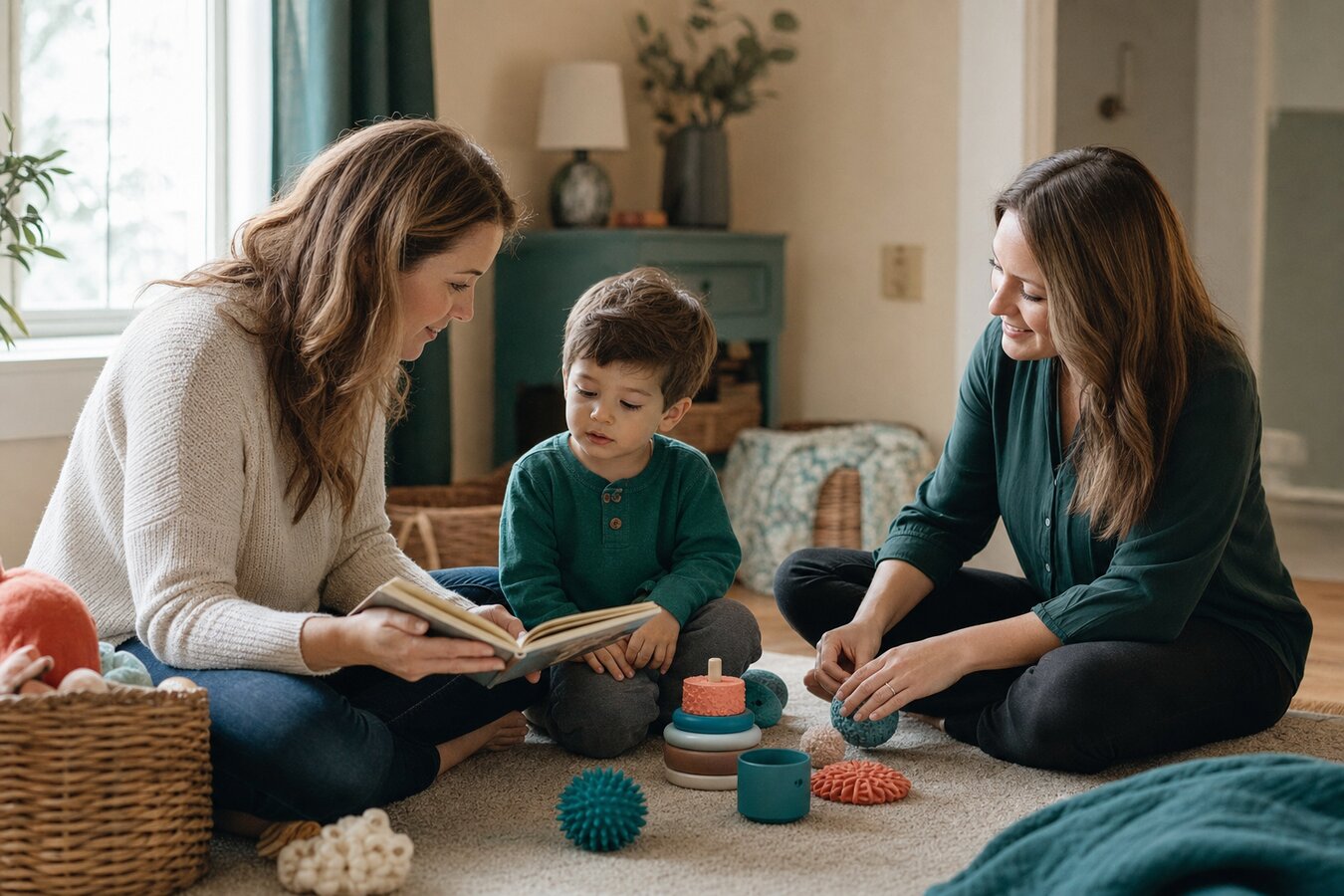 A Georgia mother reading a book to her toddler son on a warm cream rug while a female BCBA therapist plays gently with sensory toys nearby