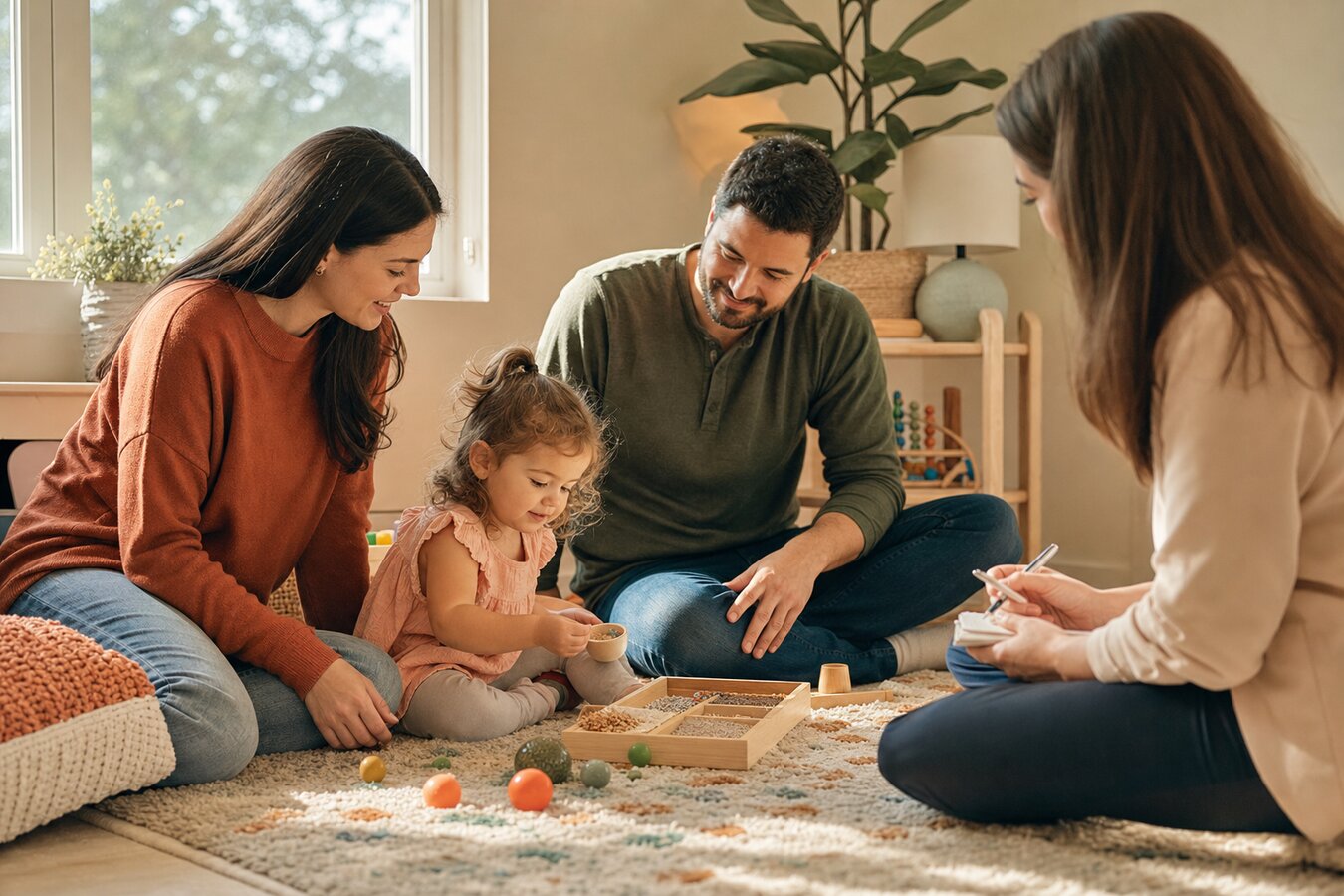 A young Georgia family with parents and a toddler on a warm cream rug playing with sensory toys while a female BCBA therapist takes notes