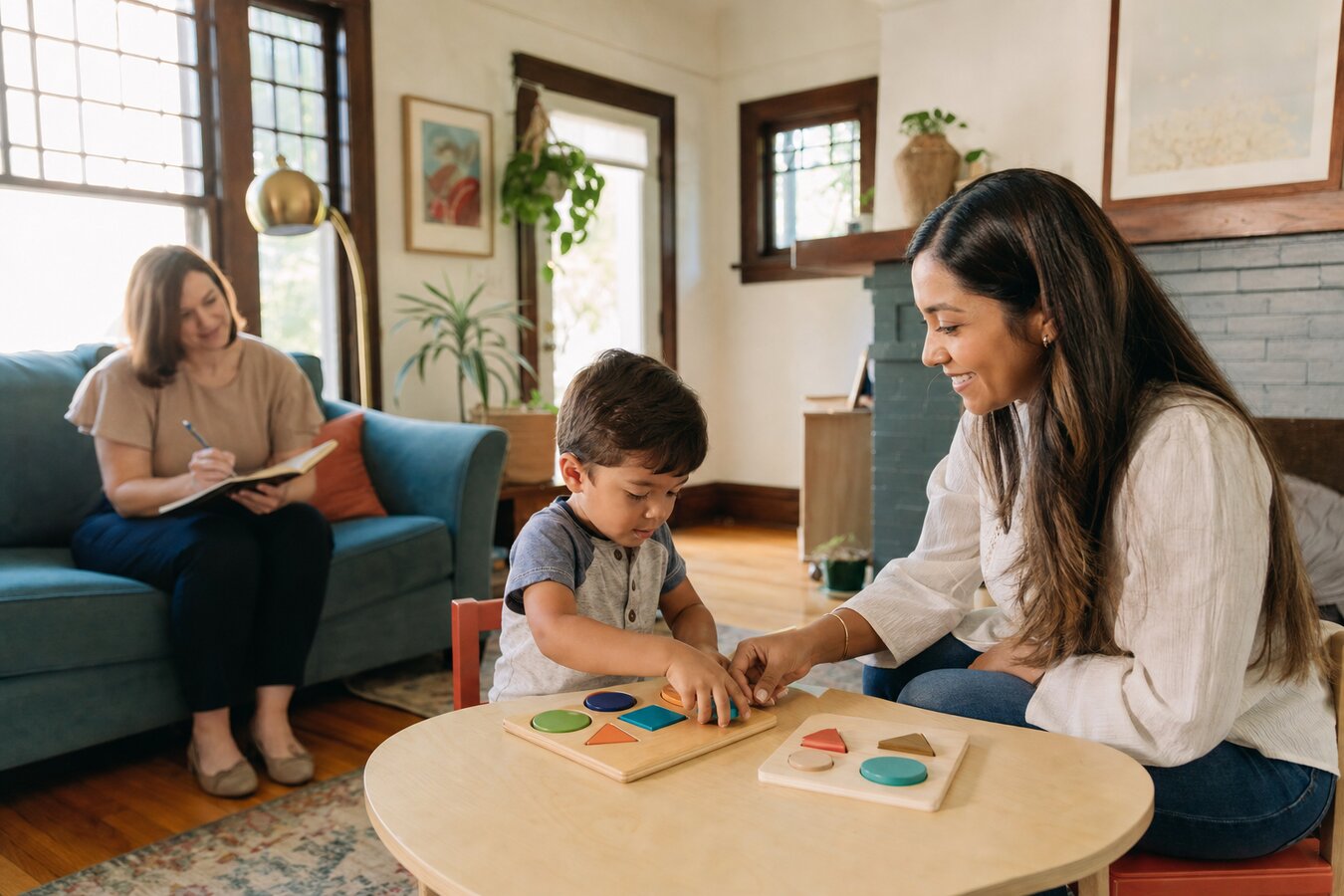 A Latina mother working with her young son at a small table with wooden shape puzzles in a historic Decatur Georgia bungalow while a BCBA therapist takes notes from the sofa