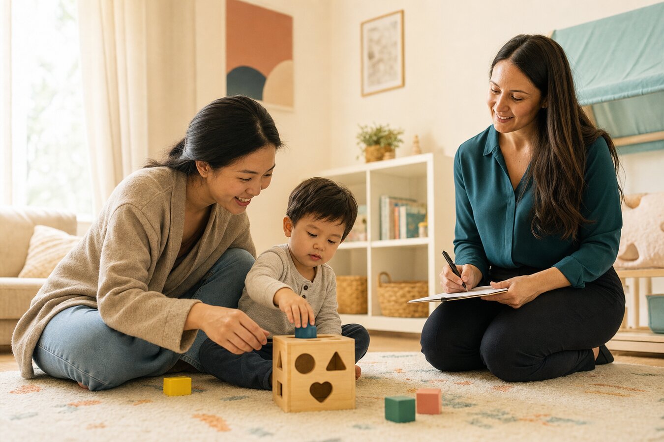A Korean-American mother playing with a wooden shape sorter and her toddler son in a bright Duluth Georgia townhome playroom while a BCBA therapist takes notes