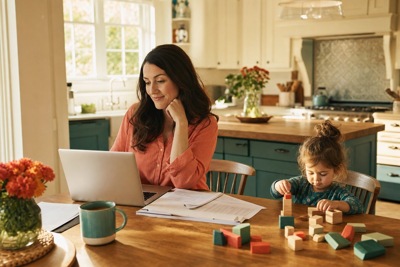 A Georgia mother reviewing Medicaid insurance paperwork on her laptop while her young child plays with blocks nearby in a bright southern kitchen