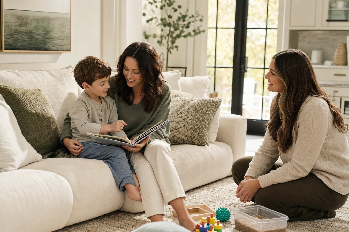 A mother reading a picture book to her son on a plush cream sofa in a bright modern Johns Creek home while a BCBA therapist sits nearby with sensory toys