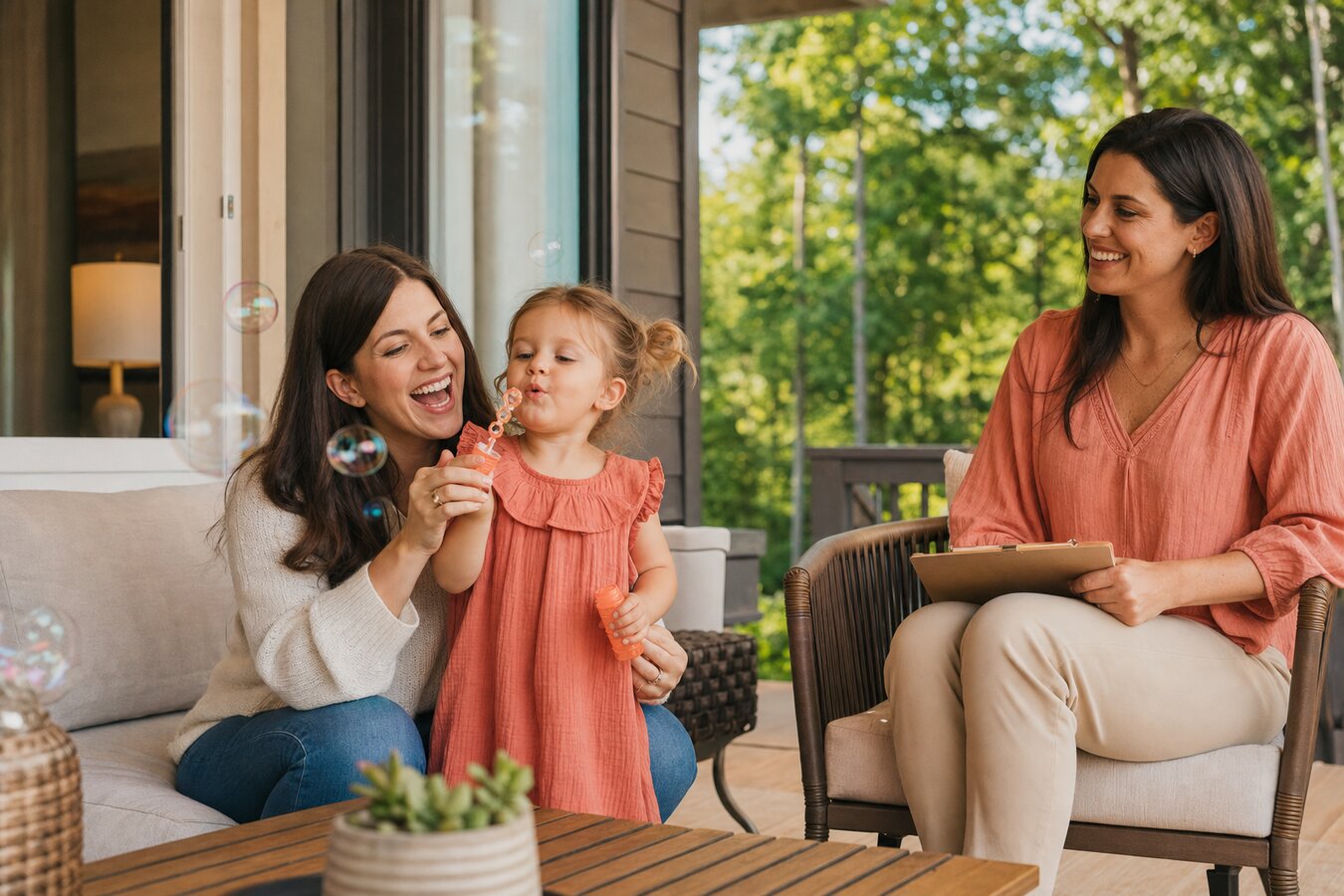 A young mother and toddler blowing bubbles on the back porch of a Kennesaw Georgia home while a BCBA therapist smiles beside them with a clipboard