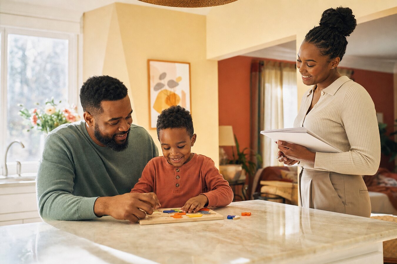 A Black father and his young son working together on a wooden puzzle at their Lawrenceville Georgia kitchen island while a young female BCBA therapist stands nearby