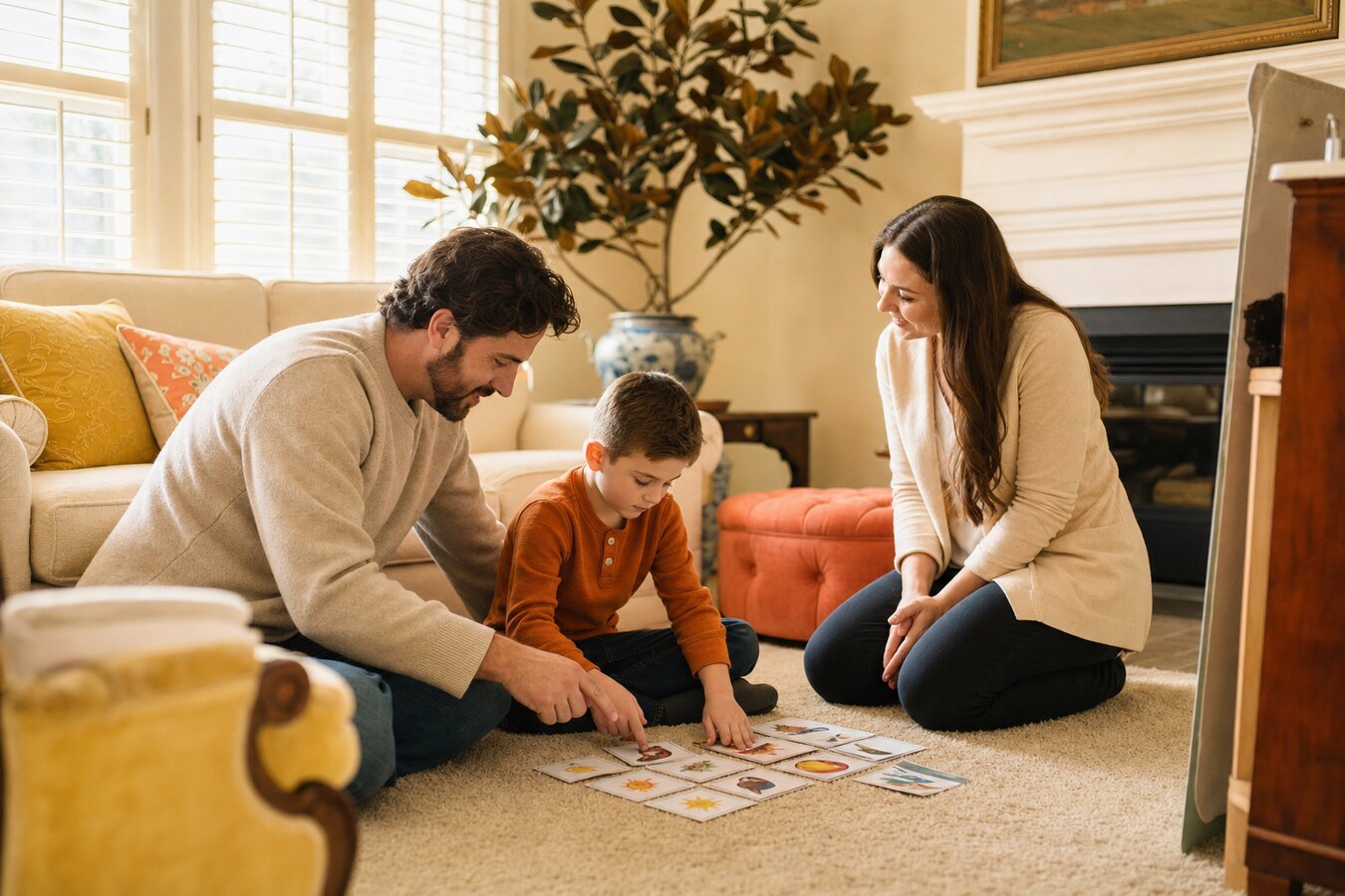 A Marietta Georgia family working with picture communication cards on the floor of their colonial home while a BCBA therapist observes warmly