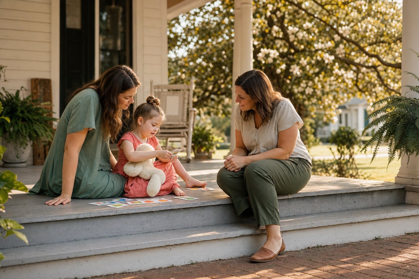 A mother and her young daughter sitting on the front porch of a beautiful old white farmhouse in Monroe Georgia with a BCBA therapist working with picture cards