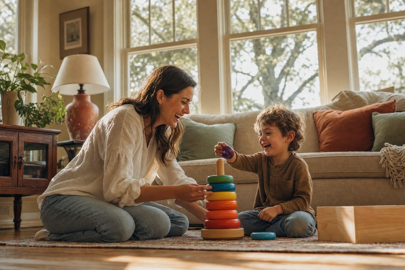 A BCBA therapist and young child laughing together as they stack wooden rings in a historic Roswell Georgia craftsman home living room