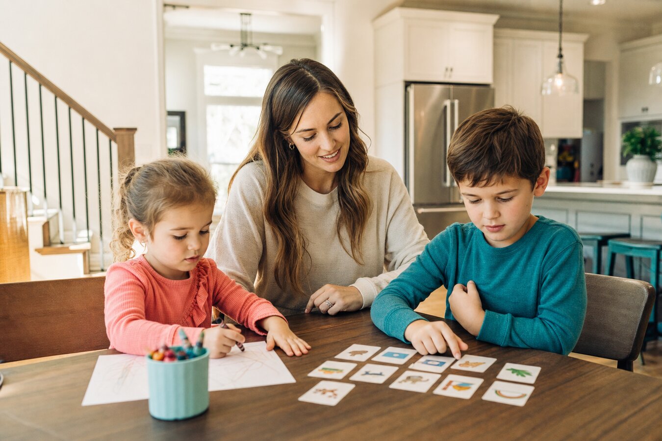 Two young siblings drawing at their Sandy Springs townhome dining table with a young female BCBA gently guiding them through a picture matching activity