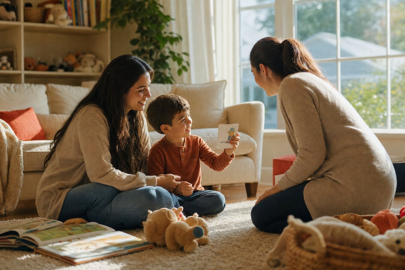 A young mother and son communicating with picture cards on the family room floor of their Snellville Georgia home while a female BCBA therapist watches