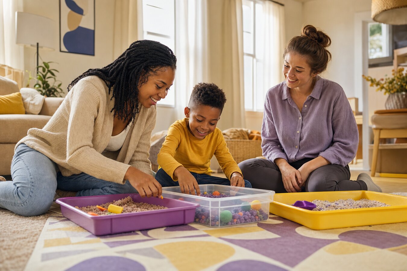 A Black mother playing with her young son using colorful sensory bins in a bright modern Stockbridge Georgia home while a BCBA therapist watches encouragingly