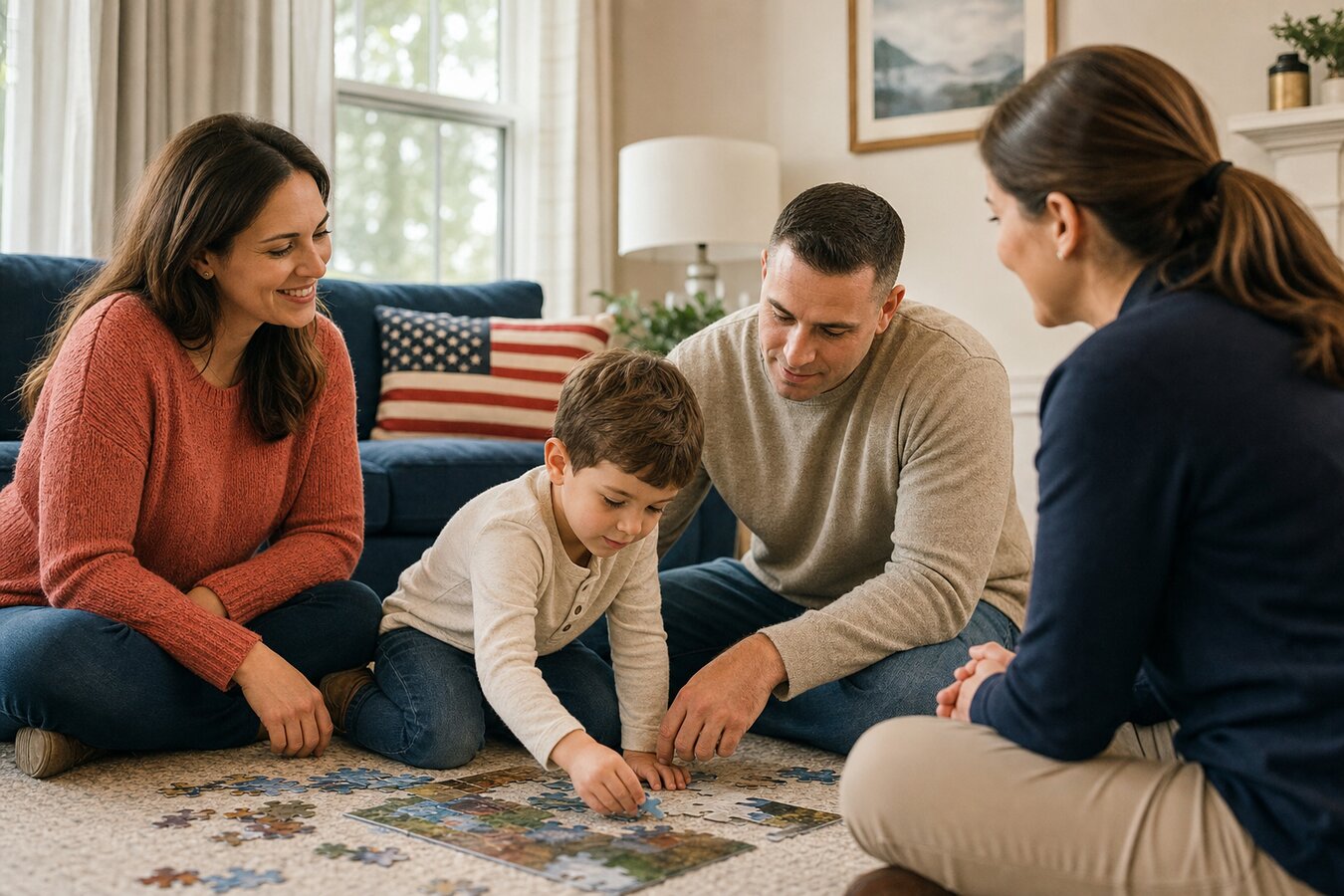 A Georgia military family — parents and a young son doing a puzzle together on their living room floor with a BCBA therapist and an American flag pillow visible on the couch