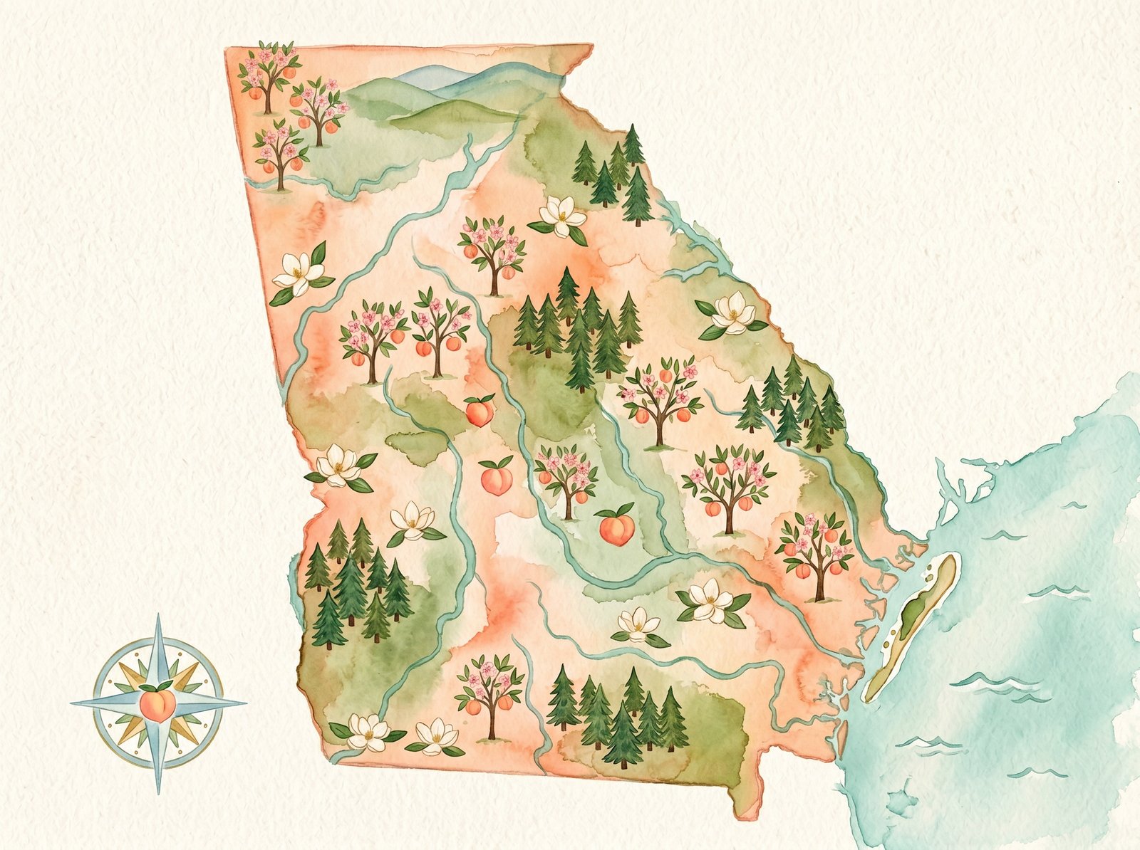 Illustrated watercolor map of Georgia showing the regions Georgia Regional Behavioral Services supports