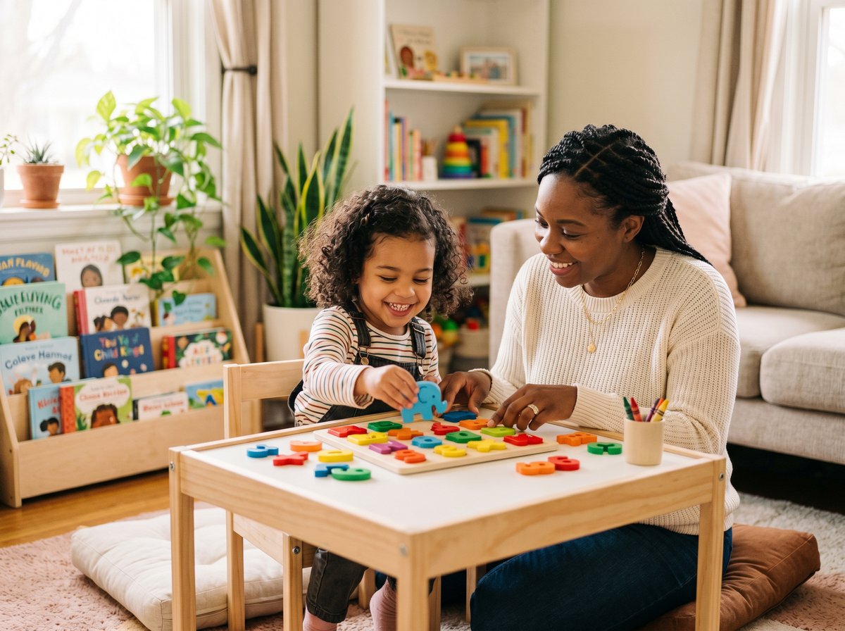 A mother and young child sitting at a small table working on colorful alphabet puzzles in a sunny home