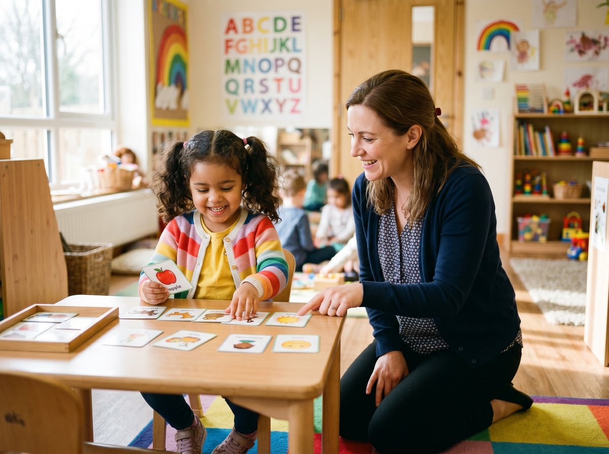 A young girl in a rainbow cardigan smiling at a table while a therapist helps with picture-card learning