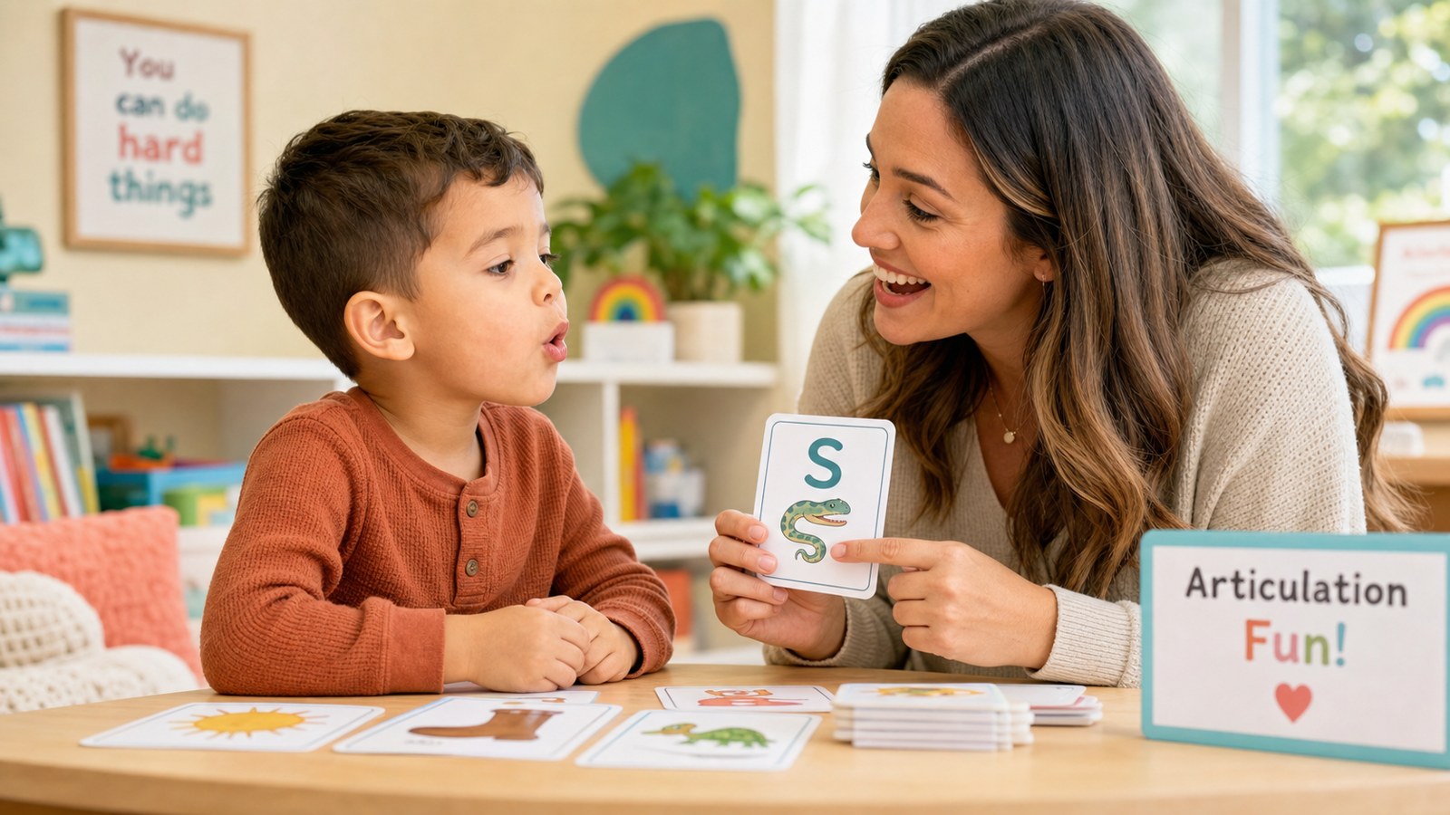A speech-language therapist and young child working with colorful articulation flashcards at a bright playroom table