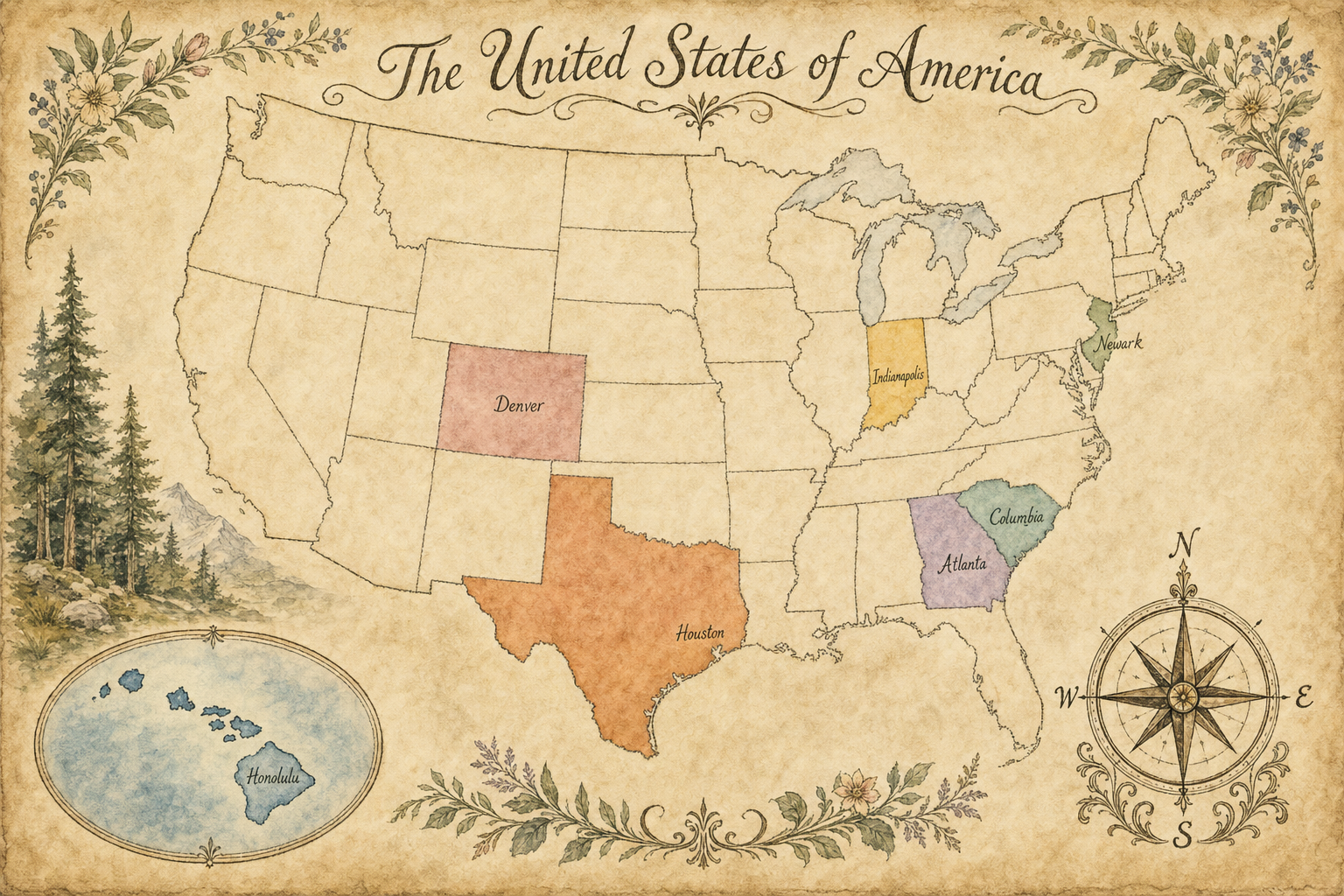 Illustrated watercolor map showing Behavioral Services Network territory across Indiana, South Carolina, Georgia, Colorado, Hawaii, Texas, and New Jersey