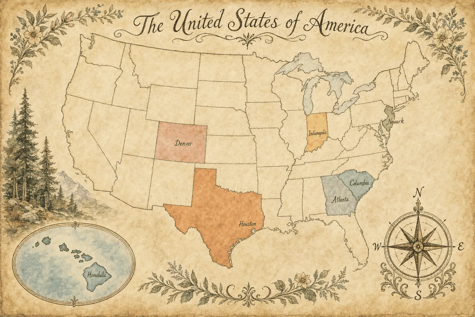 Illustrated watercolor map showing Behavioral Services Network territory across Indiana, South Carolina, Georgia, Colorado, Hawaii, Texas, and New Jersey